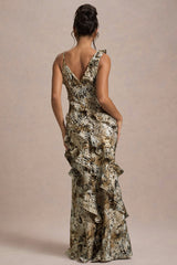 Wispy | Snake Print Plunge-Neck Ruffled Maxi Dress